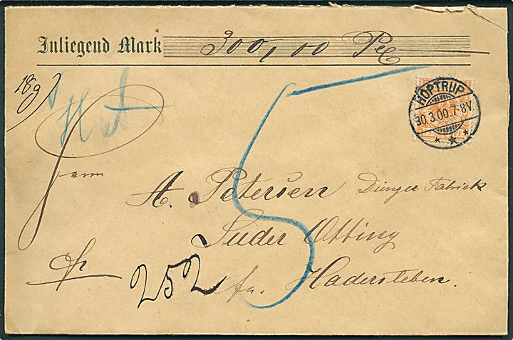 25 pfg. Adler single på underfrankeret værdibrev fra Hoptrup d. 30.3.1900 til Süder Otting pr. Hadersleben. Udtakseret i 5 pfg. porto.