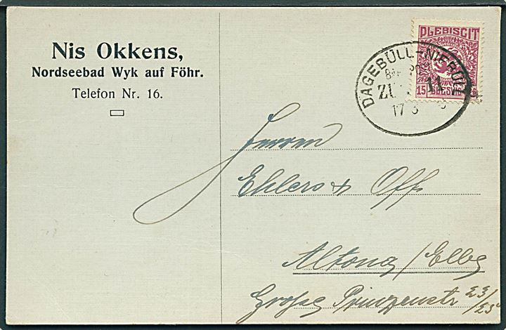 15 pfg. Fælles udg. på brevkort fra Nordseebad Wyk auf Föhr annulleret med bureaustempel Dagebüll - Niebüll Bahnpost Zug 11 d. 17.3.1920 til Altona. 