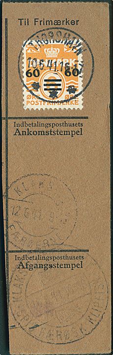 60/6 øre Provisorium 2. oplag single på smuk talon fra indbetalingskort annulleret med brotype IIIc Thorshavn d. 10.6.1941. Flere stempler fra Klaksvig.