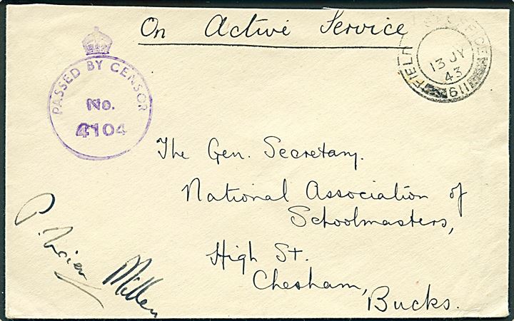 Ufrankeret OAS feltpostbrev stemplet Field Post Office 611 (= RAF Vagur) d. 13.7.1943 til Chesham, England. Violet Army censor type A5 No. 4104.