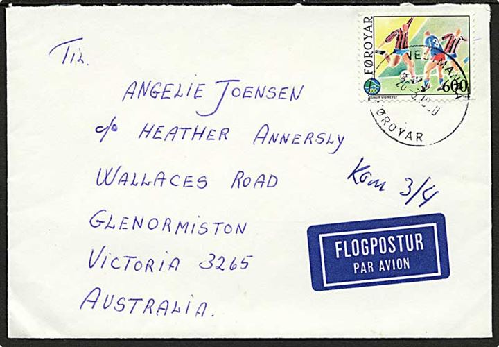 6 kr. Fodbold (Ø-legene) single på luftpostbrev fra Vestmanna d. 26.3.1990 til Glenormiston, Australien.