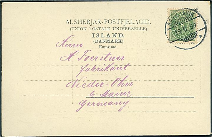 5 aur tk. 14 på brevkort (Gruss aus Island. Klippfisch-Wäscherei: Eske Fjord no. 173) sendt som tryksag fra  Reykjavik d. 19.6.1899 til Nieder-Ohn, Mainz, Tyskland. 