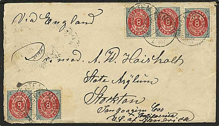 8 øre Tofarvet (5) på 40 øre frankeret brev annulleret med lapidar stempel Kjerteminde d. 3.12.1892 via New York til Storkton, Californien, USA. Påskrevet: Via England.