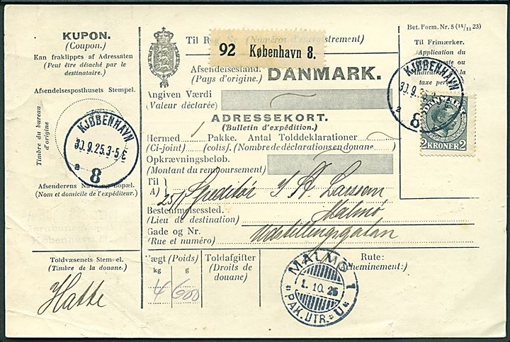 2 kr. Chr. X single på internationalt adressekort for pakke fra Kjøbenhavn 8 (Frihavnen) d. 30.9.1925 til Malmö, Sverige. Flot singlefrankatur.