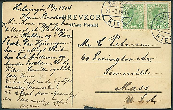 5 øre Chr. X (2) på brevkort dateret i Helsingør d. 19.7. 1914 annulleret med sejlende brotype IIg bureaustempel Korsør - Kiel d. 21.7.1914 til Somersville, USA. Senest registrerede dato, meget sjældent stempel.