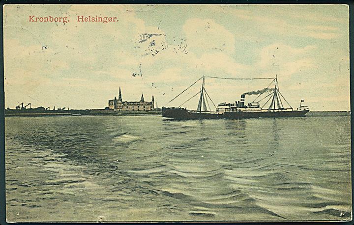 5 øre Chr. X (2) på brevkort dateret i Helsingør d. 19.7. 1914 annulleret med sejlende brotype IIg bureaustempel Korsør - Kiel d. 21.7.1914 til Somersville, USA. Senest registrerede dato, meget sjældent stempel.