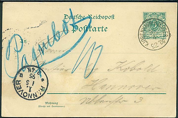 5 pfg. helsagsbrevkort dateret “Dampfer Kaiser Wilhelm” annulleret med dansk lapidar bureaustempel Kjøbenhavn - Gjedser Tog 92 d. 30.4.1895 og påskrevet “Paquebot” til Hannover, Tyskland.