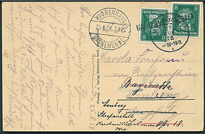 Tysk 8 pfg. Beethoven (2) på brevkort annulleret med kartestempel “Warmemünde - Gedser” anvendt som skibsstempel og sidestemplet bureau Kjøbenhavn - Warnemünde T.92 d. 25.8.1928 til Amberg - eftersendt til Bayreuth og igen til Amberg Strafanstalt (fængsel). 