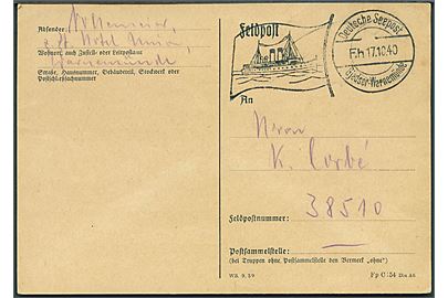 Feltpostkort dateret i Warmenünde med skibsstempel Deutsche Seepost Gjedser - Warmenünde Fh d. 17.10. 1940 til feldpost no. 38510 = Feldkommandantur 517.
