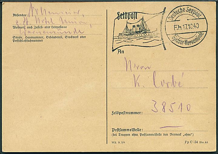 Feltpostkort dateret i Warmenünde med skibsstempel Deutsche Seepost Gjedser - Warmenünde Fh d. 17.10. 1940 til feldpost no. 38510 = Feldkommandantur 517.