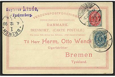 4 øre og 8 øre Tofarvet på brevkort fra Fredensborg d. 3.12.1898 til Bremen, Tyskland.