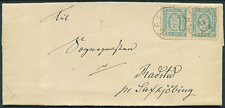 4 øre Tjenestemærke i vandret par på brev annulleret med lapidar VI Grænge d. 12.12.1882 til Saxkjøbing.