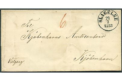1853. Tjenestebrev fra Jordlöse Sogn mærket “Valgsag” og antiqua Slagelse d. 22.2.1853 til Kjøbenhavn. “6” sk. porto. 26.2.1853 blev der afholdt valg til Folketinget.
