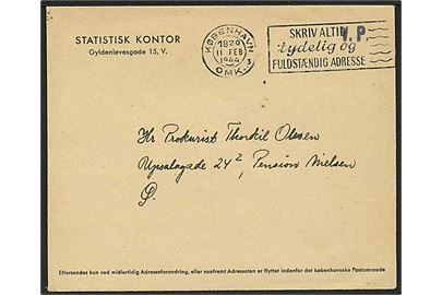 Ufrankeret brev fra Statistisk Kontor med stempel V.P. sendt lokalt i København d. 11.2.1944. Ikke udtakseret i porto.