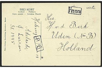 2 øre, 3 øre Bølgelinie og 5 øre Chr. X på billedsiden af brevkort fra Helsingør d. 31.10.1919 til Uden, Holland. Interessant rammestempel Franco.