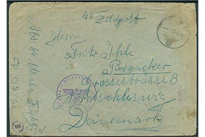 SS-Feltpostbrev stemplet Feldpost d. 25.12.1944 til familie i Broager, Danmark. Fra SS-Uscha F. Ihle ved feldpost nr. 33756C (= Panzer-Aufklärungs-Abteilung 11, 11. SS-Division Nordland). SS-feldpostcensur. 