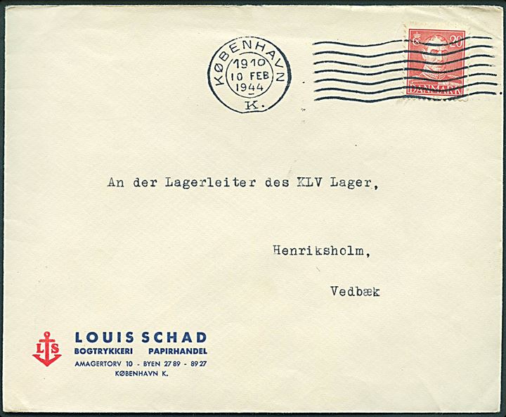 20 øre Chr. X på brev fra København d. 10.2.1944 til Lagerleider des KLV Lager, Henriksholm pr. Vedbæk. KLV (Kinderlandverschickung) lejre var tyske børne-evakueringslejre, hvor børn fra de bomberamte tyske byer kunne opholde sig i sikkerhed. 