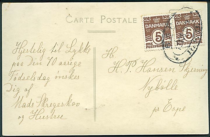 5 øre Bølgelinie i parstykke på brevkort annulleret med privat jernbanestempel ESPE * R.F.B. * d. 13.8.1929 til Nybølle pr. Espe. R.F.B. = Ringe-Faaborg Banen.