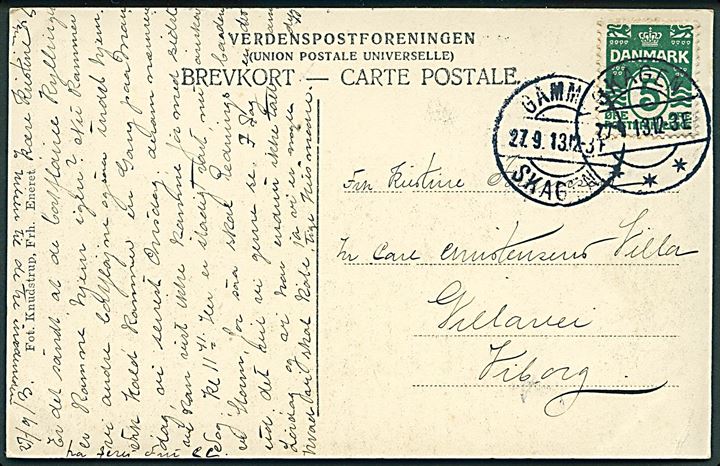 5 øre Bølgelinie på brevkort (Jechels Hotel, Gl. Skagen) annulleret med brotype IIa Gammel Skagen og Skagen d. 27.9.1913 til Viborg. Brugt 12 dage senere end registreret af Vagn Jensen. Godt stempel.