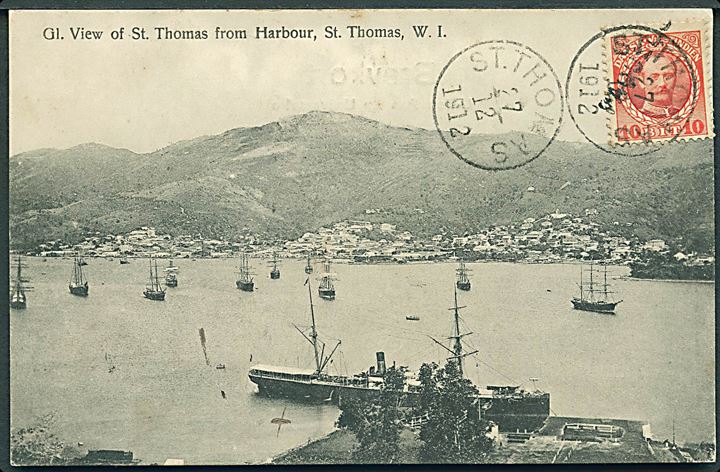10 bit Fr. VIII på billedside af brevkort (St. Thomas Harbour) annulleret St. Thomas d. 27.12.1912 og fransk skibsstempel PAQUEBOT fra Le Havre til Questembert, Frankrig. Ank.stemplet d. 11.1.1913.