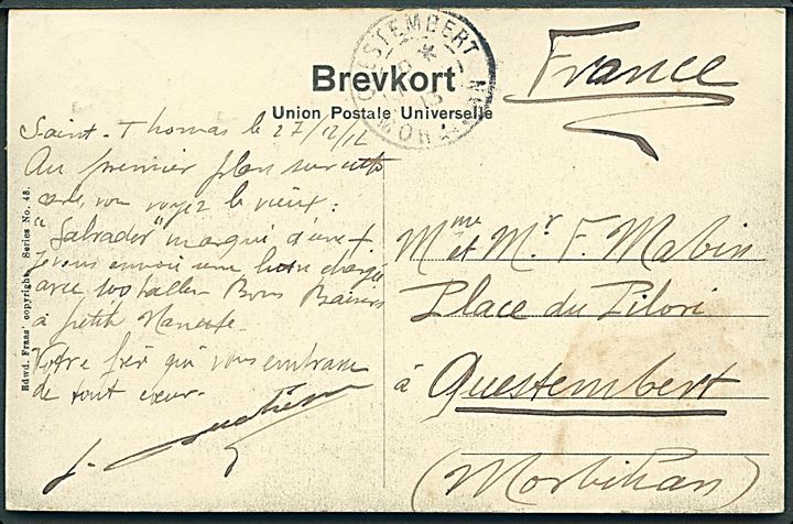 10 bit Fr. VIII på billedside af brevkort (St. Thomas Harbour) annulleret St. Thomas d. 27.12.1912 og fransk skibsstempel PAQUEBOT fra Le Havre til Questembert, Frankrig. Ank.stemplet d. 11.1.1913.