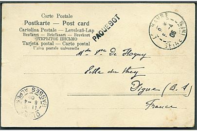 1 cent Våben i parstykke på billedside af brevkort (View of St. Thomas) stemplet St. Thomas d. 23.3.1905 via Le Havre d. 5.4.1905 til Digne, Frankrig. Sort skibsstempel PAQUEBOT fra Le Havre. 