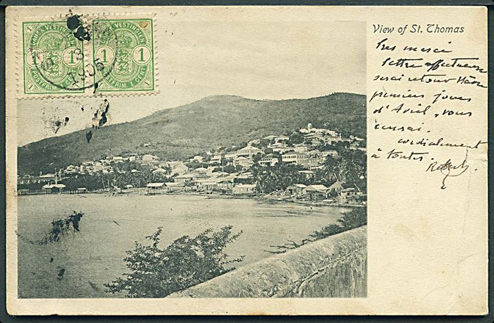 1 cent Våben i parstykke på billedside af brevkort (View of St. Thomas) stemplet St. Thomas d. 23.3.1905 via Le Havre d. 5.4.1905 til Digne, Frankrig. Sort skibsstempel PAQUEBOT fra Le Havre. 