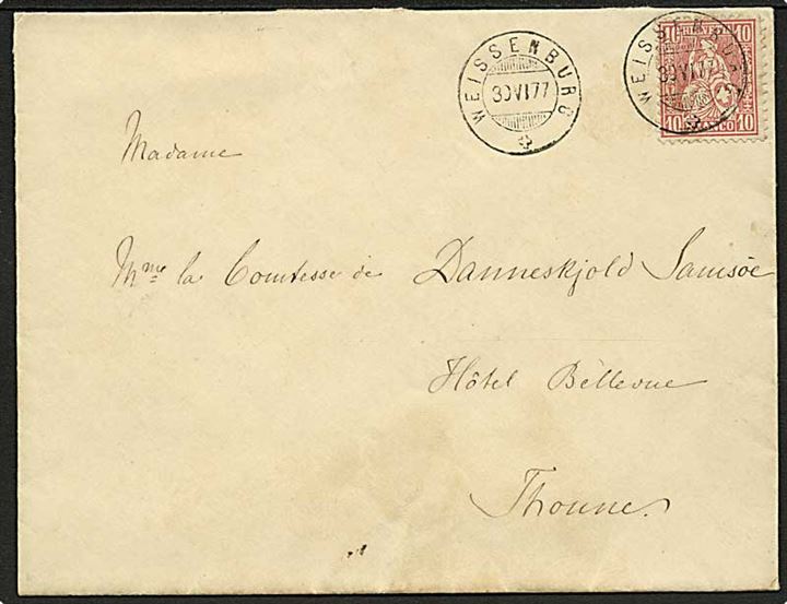 10 c. Helvetia single på brev fra Weissenburg d. 30.6.1877 til Thur.