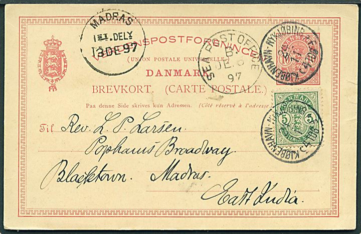 10 øre Våben helsagsbrevkort m. 5 øre Våben fra Dalby annulleret med lapidar bureaustempel Kjøbenhavn - Nykjøbing p.F. d. 24.11.1897 via Sea Post Office B til Madras, Indien. Frankeret til 15 øre oversø-takst.