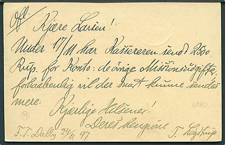 10 øre Våben helsagsbrevkort m. 5 øre Våben fra Dalby annulleret med lapidar bureaustempel Kjøbenhavn - Nykjøbing p.F. d. 24.11.1897 via Sea Post Office B til Madras, Indien. Frankeret til 15 øre oversø-takst.