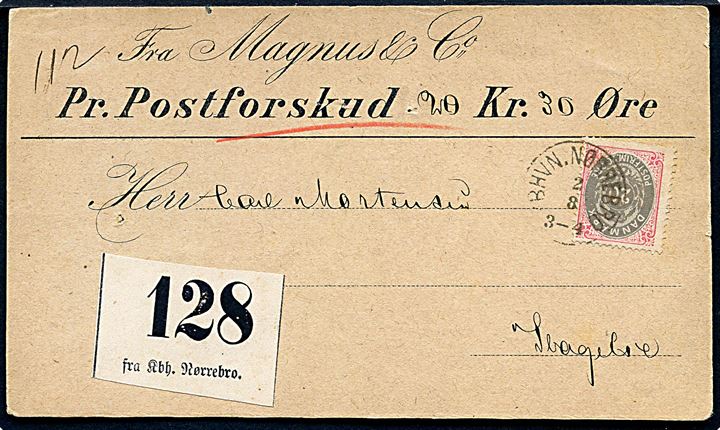 20 øre Tofarvet single på fortrykt privat Postforskud formular fra firma Magnus & Co. annulleret med lapidar Kbhvn. Nørrebro d. 2.8. ca. 1879 til Slagelse. 