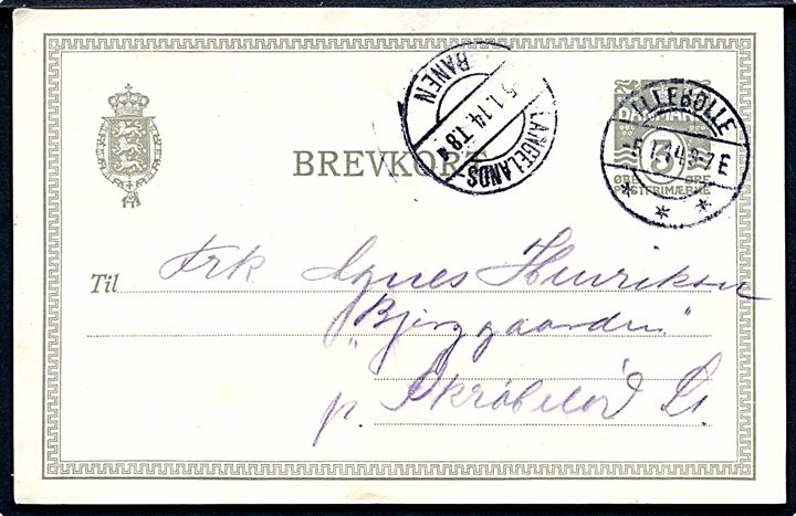 3 øre lokalt helsagsbrevkort annulleret med brotype IIa Illebølle d. 5.1.1914 med transit stempel Langelands Banen T.8 d. 5.1.1914 til Bjerggaarden pr. Skrøbelev St. Pænt aftryk af sjældent bureaustempel.