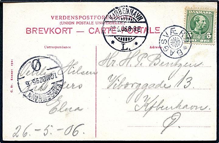 5 øre Chr. IX på brevkort annulleret med stjernestempel BAGSVÆRD og sidestemplet Kjøbenhavn L. d. 28.5. 1906 til København. Stjernestempel kun benyttet: 7.5. - 6.10.1906. Skilling: 1250,-