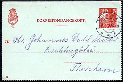 15 øre Karavel korrespondancekort (fabr. 71) annulleret med brotype IIc Vaag d. 25.9.1940 til Thorshavn. God anvendelse på Færøerne. Underfrankeret, da taksten steg til 20 øre pr. 10.7.1940, men ikke udtakseret i porto.
