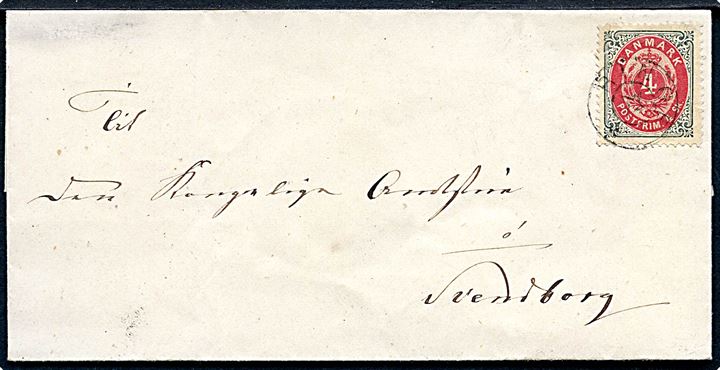 4 sk. Tofarvet (revet hj.) på brev annulleret med stjernestempel RINGE til Svendborg. På bagsiden ank.stemplet Svendborg d. 2.10. (1874). Sjældent stempel fra 1870-75 hvor der kun kendes 1 brugsdato. Skilling 1500,- 