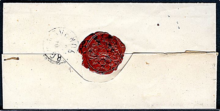 4 sk. Tofarvet (revet hj.) på brev annulleret med stjernestempel RINGE til Svendborg. På bagsiden ank.stemplet Svendborg d. 2.10. (1874). Sjældent stempel fra 1870-75 hvor der kun kendes 1 brugsdato. Skilling 1500,- 
