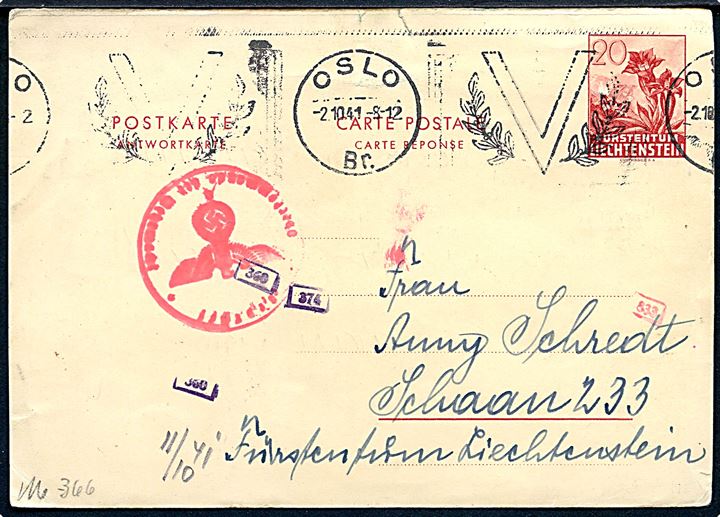 Liechtenstein 20 c. svardel af dobbelt helsagsbrevkort annulleret med “V” stempel i Oslo d. 2.10.1941 til Schaan, Liechtenstein. Tysk censur. Meget usædvanlig kombination.