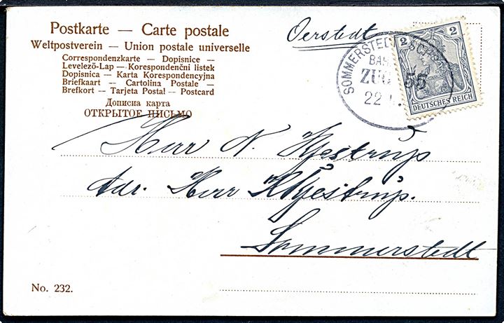 2 pfg. Germania på lokalt brevkort annulleret med bureau Sommerstedt - Schottburg Bahnpost Zug 55 d. 22.1.1906 og påskrevet “Oerstedt” til Sommerstedt. Eksempel på at lokalforsendelser annulleret i jernbanepostbureauer fik noteret afsendelsessted. Sjælden.