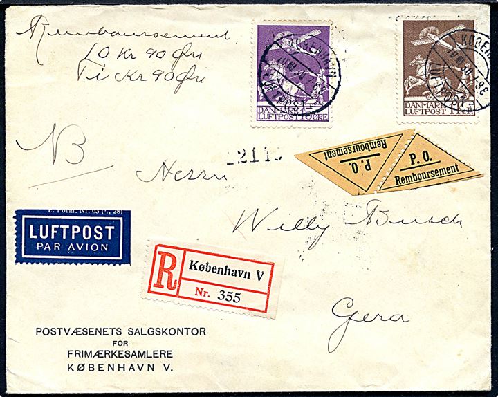15 øre og 1 kr. gl. Luftpost på anbefalet luftpostbrev med postopkrævning annulleret brotype København Luftpost sn2 d. 10.10.1930 til Gera, Tyskland. 