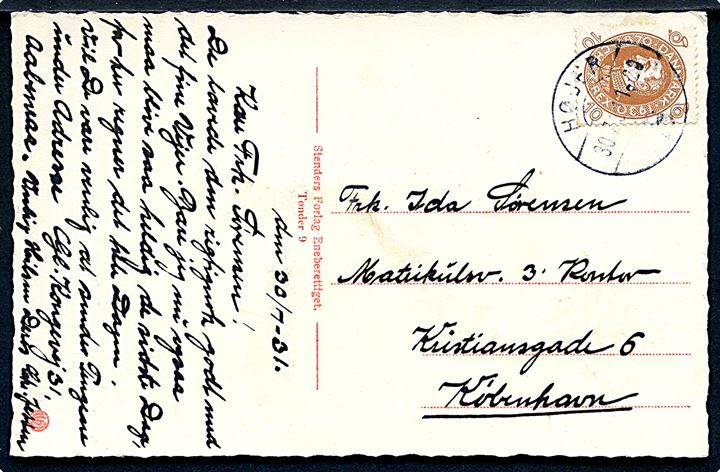 10 øre Chr. X 60 år på brevkort annulleret med brotype Vc Højer B. d. 30.7.1931 til København. Stempel kendes kun anvendt i perioden 23.5.1930-9.11.1934.