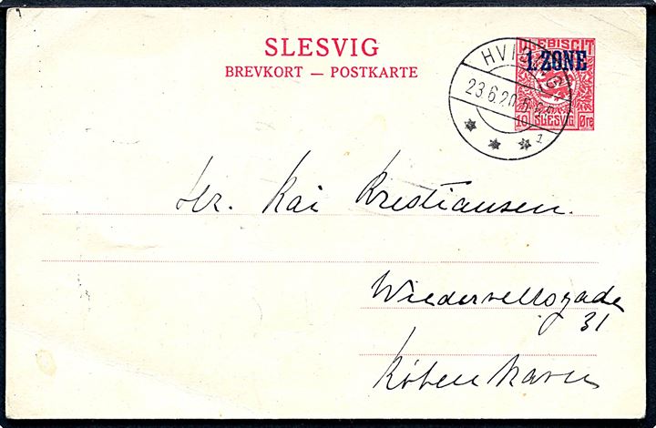 10 øre 1. Zone helsagsbrevkort dateret Lundsmark og annulleret med brotype IIb Hvidding sn1 d. 23.6.1920 til København. Godt stempel. 
