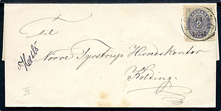 2 sk. Tofarvet tryk 3a på lokalbrev annulleret Kolding d. 14.5. ca. 1872 og med håndskrevet bynavn “Heeils” til Nørre Tyrstrup Herredskontor i Kolding.