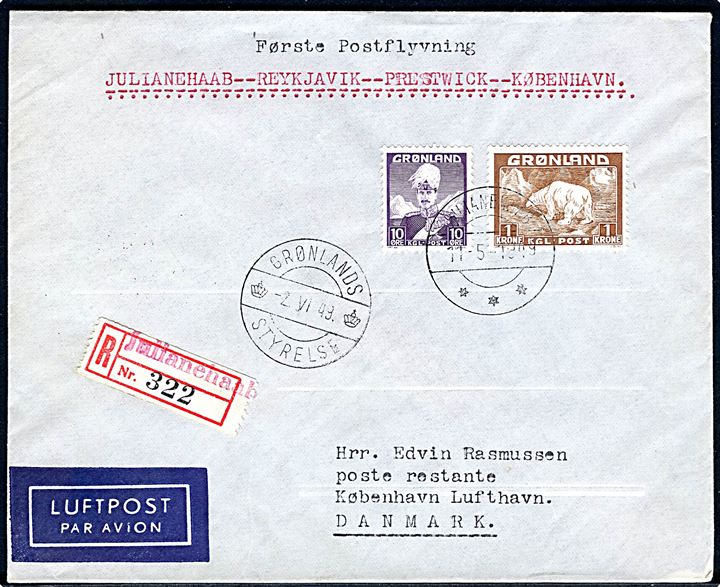 10 øre Chr. X og 1 kr. Isbjørn på anbefalet 1.-flyvnings kuvert fra Julianehaab d. 11.5.1949 via Reykjavik og Prestwick til København. Transit stemplet Grønlands Styrelse d. 2.6.1949.