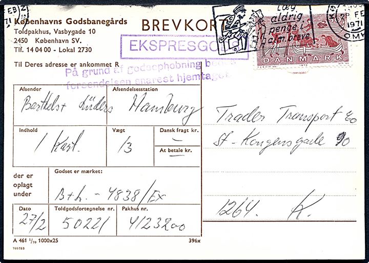 DSB helsagsbrevkort (Fabr. 396x) uden påtrykt frimærke med 50 øre Skibsfart sendt lokalt i København d. 28.2.1971. Interessant medløber til samling af DSB helsagsbrevkort.