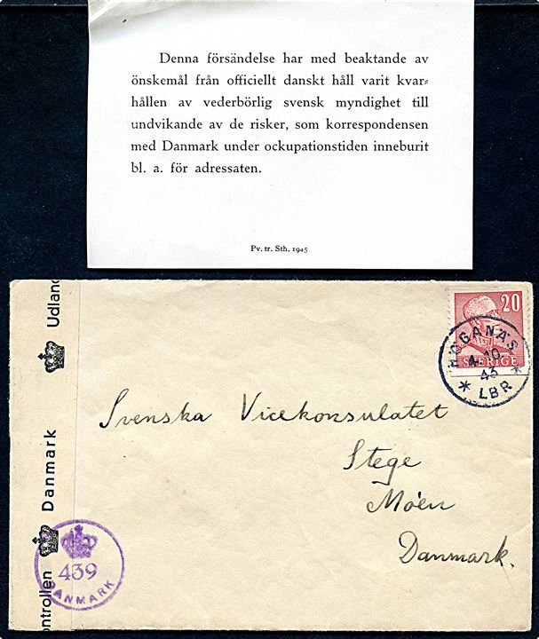 20 öre Gustaf på brev fra Höganäs d. 4.10.1943 til Stege, Danmark. Tilbageholdt af de svenske myndigheder og frigivet i Stockholm d. 9.6.1945 med indlagt meddelelse. Åbnet af dansk efterkrigscensur (krone)/439/Danmark. Stor sjældenhed.