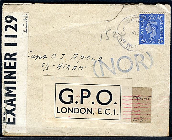 Engelsk 2½d George VI på brev annulleret Norwegian Army Field Post Office d. x.1.1945 til Capt. O. J. Apold ombord på det norske handelsskib S/S “Hiram” via Nortraship i London - eftersendt med stempel (NOR) via G.P.O. London til USA. Både britisk censur PC90/1129 og rødt amerikansk censurstempel: CPNY. Rift. 