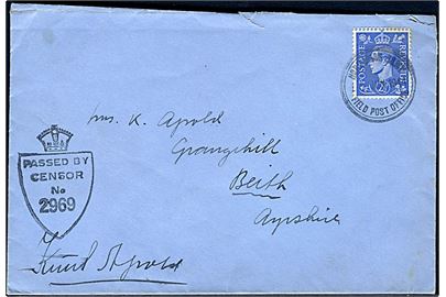 Engelsk 2½d George VI på brev annulleret Norwegian Army Field Post Office d. 6.7.1944 til Beith, Scotland. Selvcensureret med signatur “Knud Apold” og unit censor no. 2969 = Brig. N's feltpostkontor (Callander). 