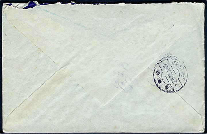 20 øre Løve på brev annulleret Kristiania d. 14.5.1923 og sidestemplet med rødt stempel “(posthorn) / Fra Tog” til Næstved, Danmark. 