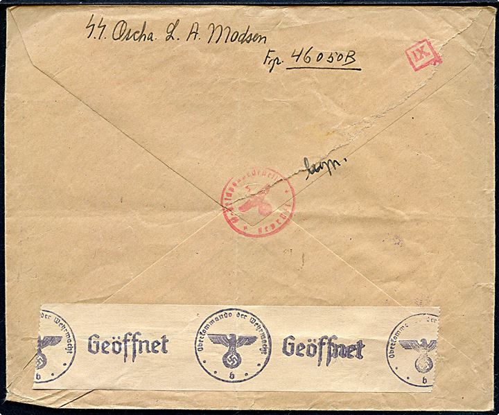 Luftfeltpostbrev med Luftfeldpost mærke stemplet d. 6.7.1943 til København, Danmark. Fra SS-Oscha L. A. Madsen ved Feldpost nr. 46050B (= 1. Kompanie SS-Freikorps Danmark). Tydeligt briefstempel og åbnet af SS-feltpostcensur i Berlin.