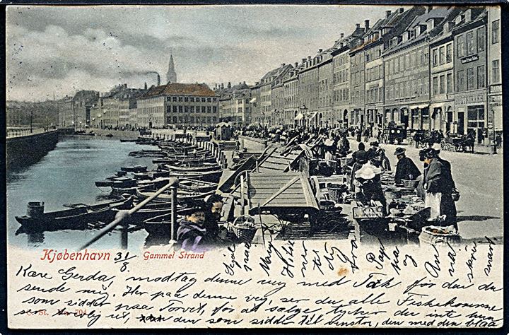 5 øre Våben på brevkort (Gammel Strand) annulleret med svensk sejlende bureaustempel Malmö - Köbenh. d. 1.9.1902 til Malmö, Sverige. Godt skibsstempel.